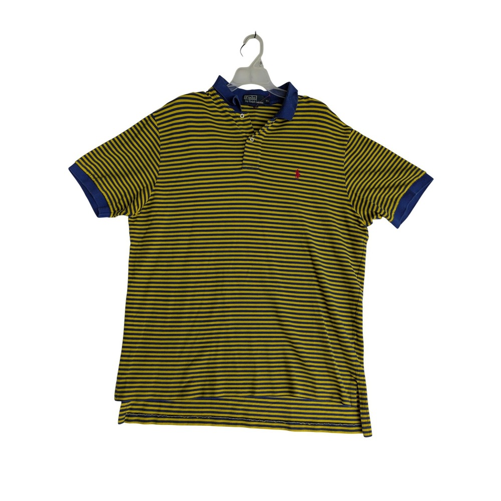 Polo Ralph Lauren Mens XL Yellow Blue Striped Short Sleeve Pique Polo Shirt